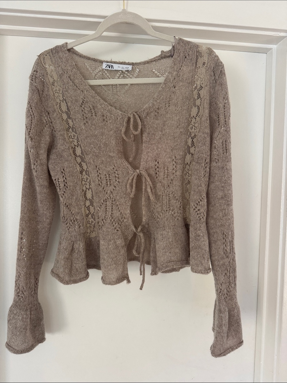 Zara Taupe Knit Tie-Front V-Neck Sweater